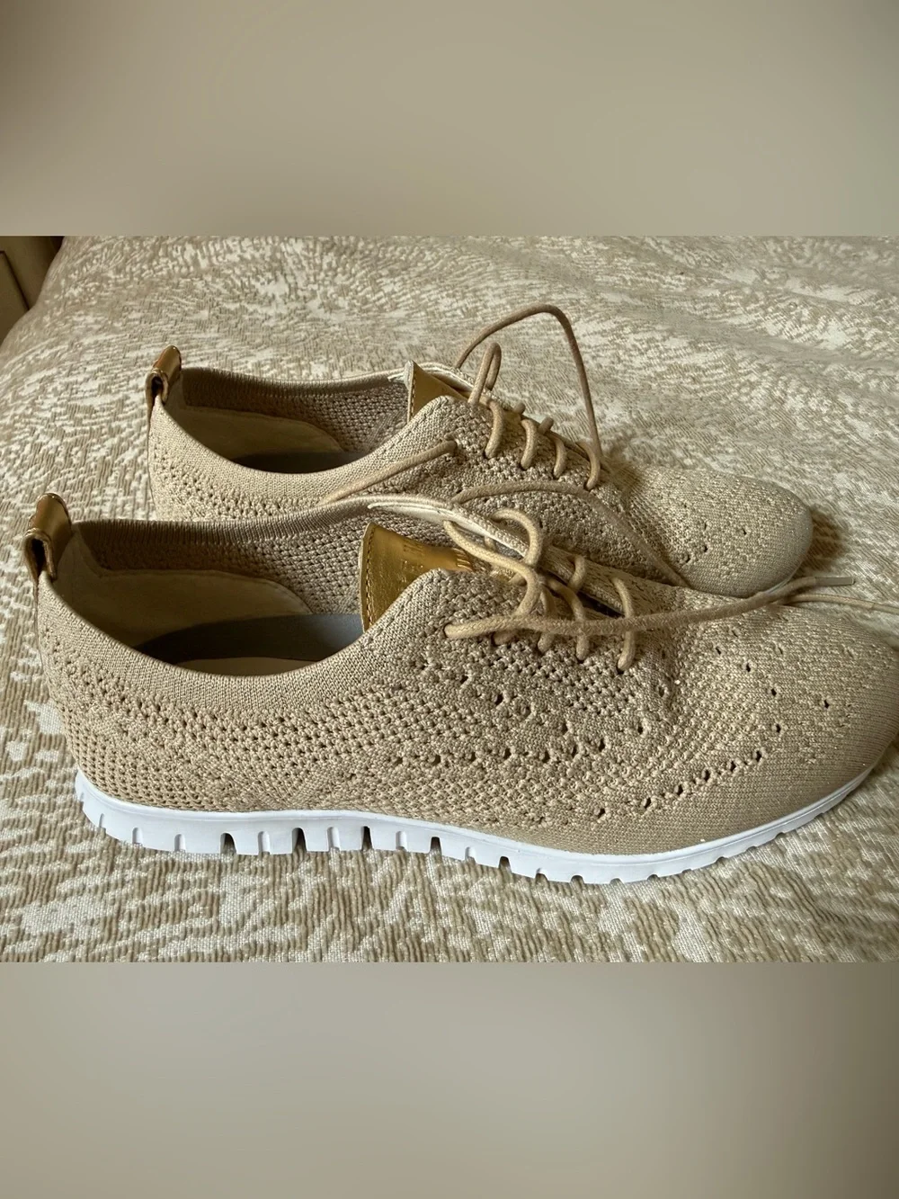 Cole Haan Beige & Gold Knit Lace-Up Sneaker with White Sole